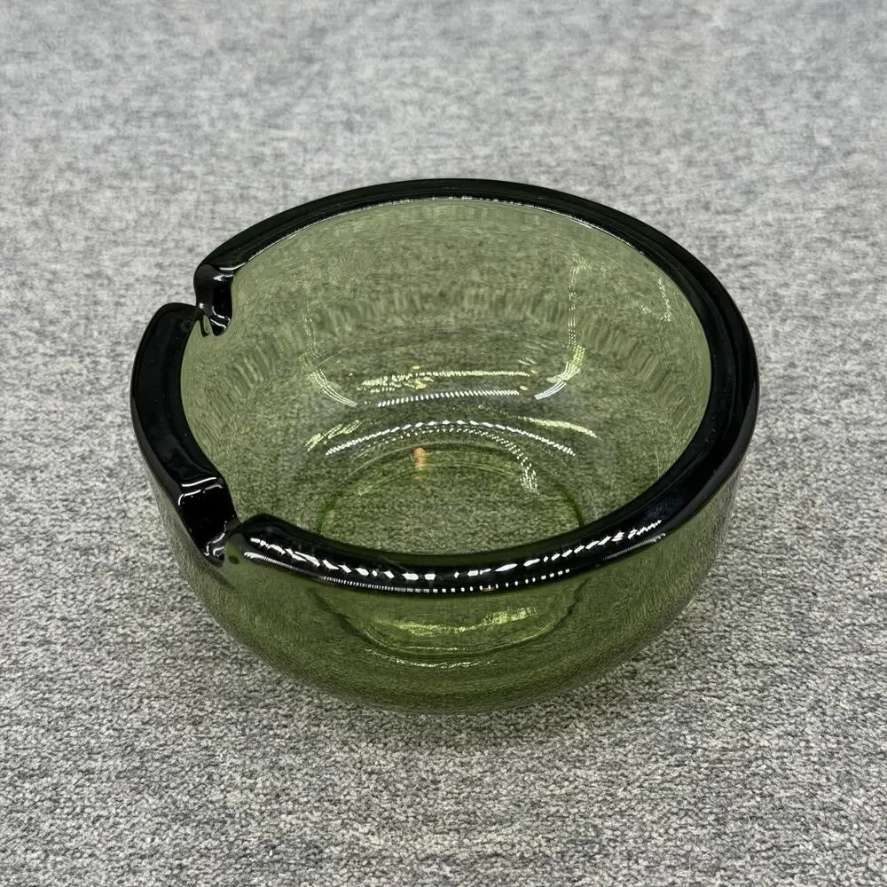 Vintage Olive Green Heavy Glass Round Ashtray 2 Slot Mid Century Modern 3.75